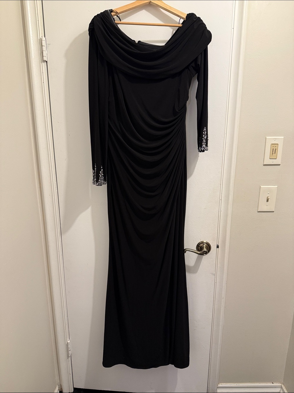 Betsy & Adam Black Long-Sleeve Draped Gown with Beaded Cuffs